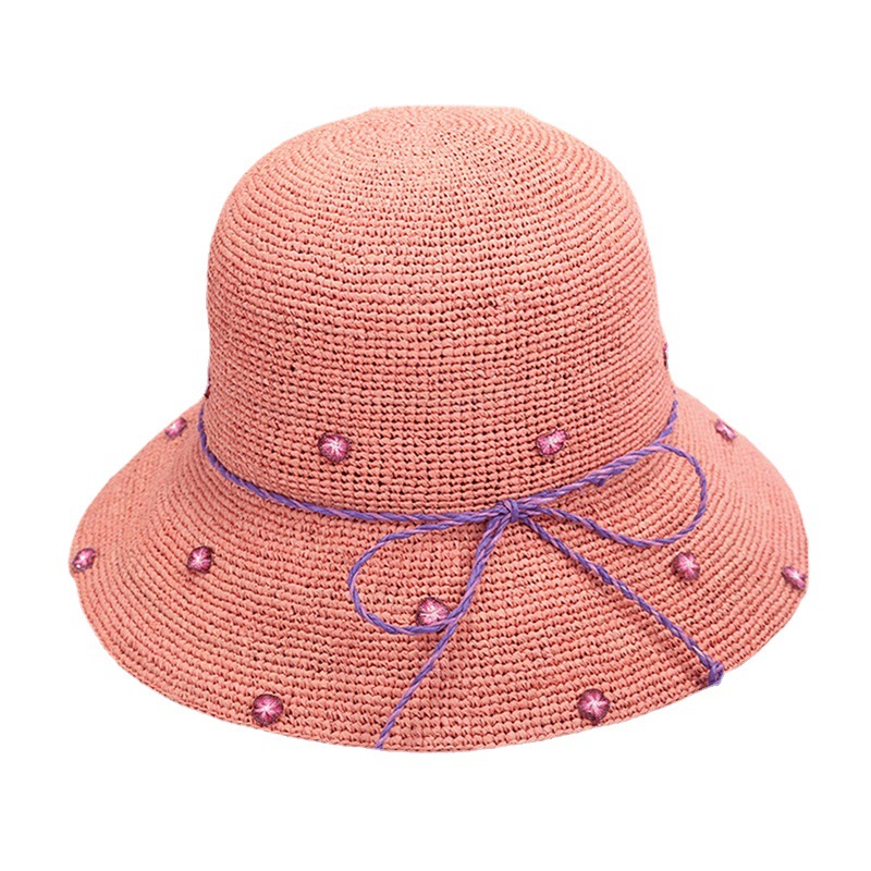 靈珑帽子女夏天花朵拉菲草帽小(xiǎo)清新沙灘帽休閑可折疊出遊海邊帽子