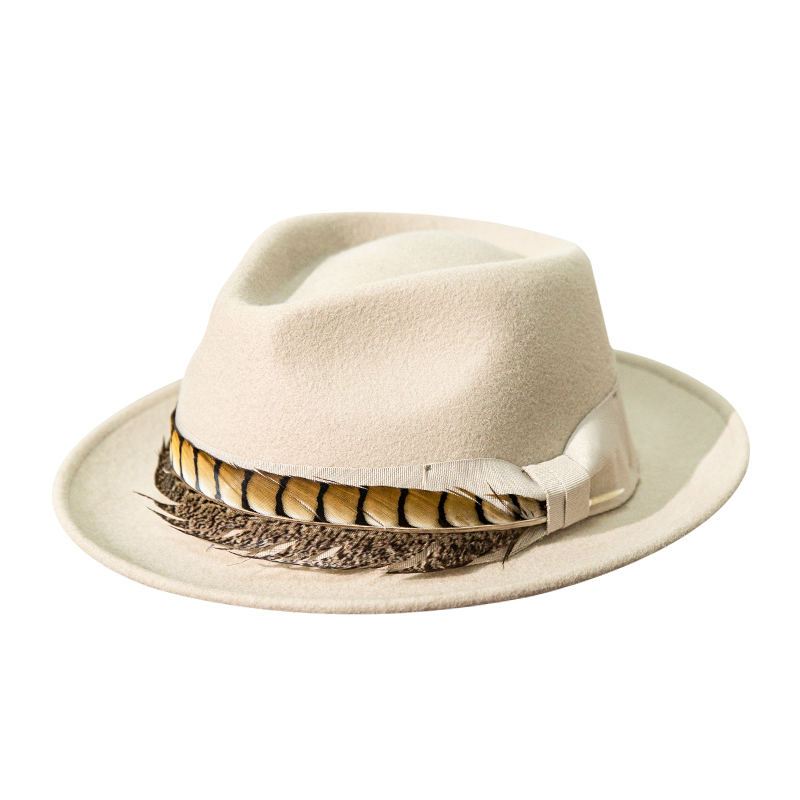 秋冬新款羊毛氈帽禮帽錐頂翹邊羽毛裝飾牛仔帽