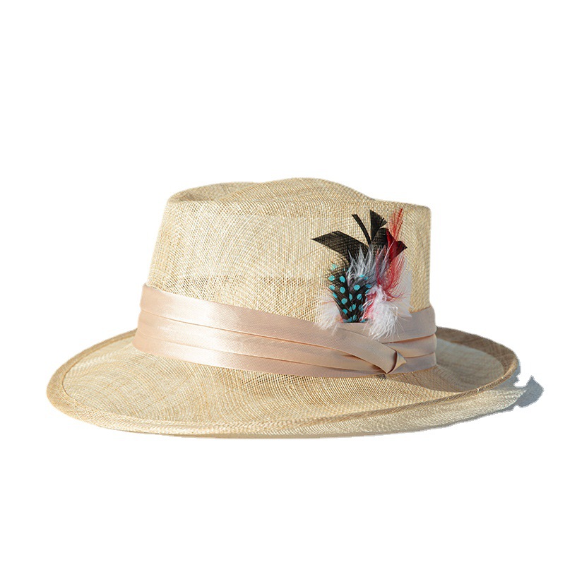 春夏麻紗禮帽羽毛裝飾英倫風時尚百搭純色透氣遮陽帽