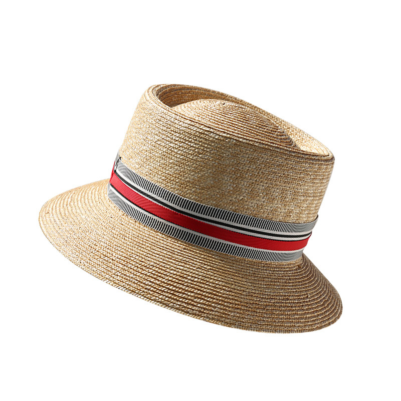 靈珑草帽女夏季海邊度假遮陽帽出遊沙灘帽細密麥草平頂小(xiǎo)禮帽
