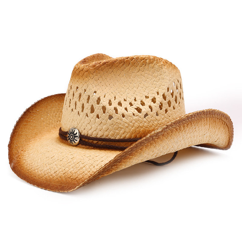 春夏新款镂空牛仔帽編織透氣清涼美式禮帽西部牛仔帽男草帽