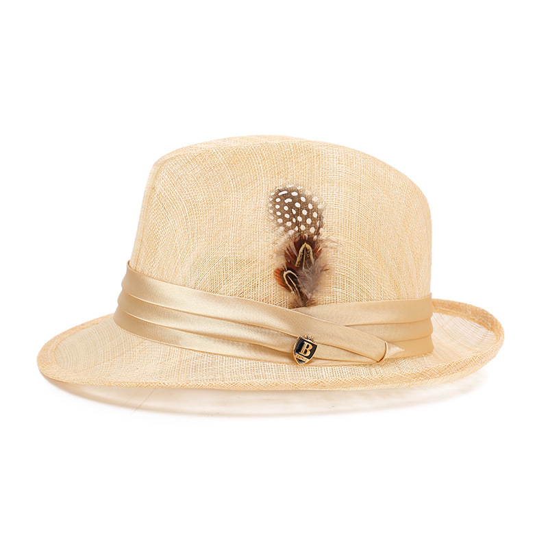 春夏新款麻紗帽牛仔帽羽毛裝飾遮陽優雅百搭平檐