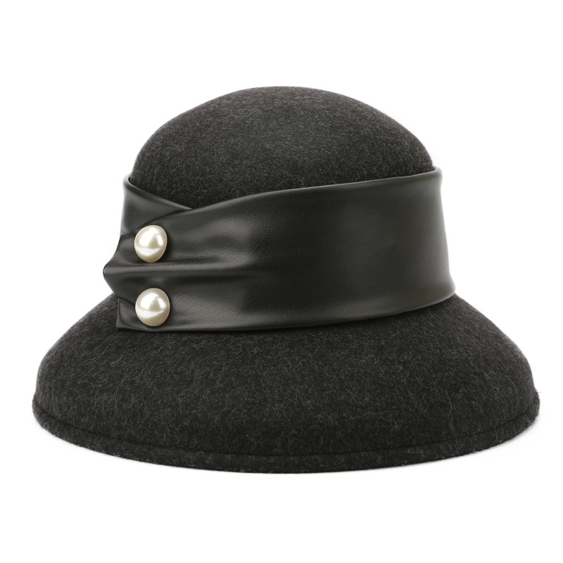 靈珑秋冬歐美英倫複古羊毛呢氈帽 盆帽珍珠帶皮帶法式赫本帽子