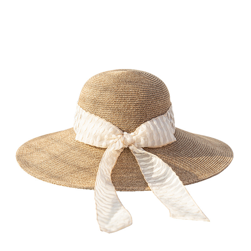 新款草帽遮陽女海邊沙灘蝴蝶結飄帶可折疊夏季出遊太陽帽