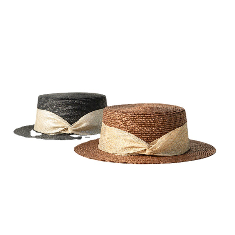 夏季防曬草帽法式複古編織平頂禮帽女遮陽帽子超細麥稈爵士帽