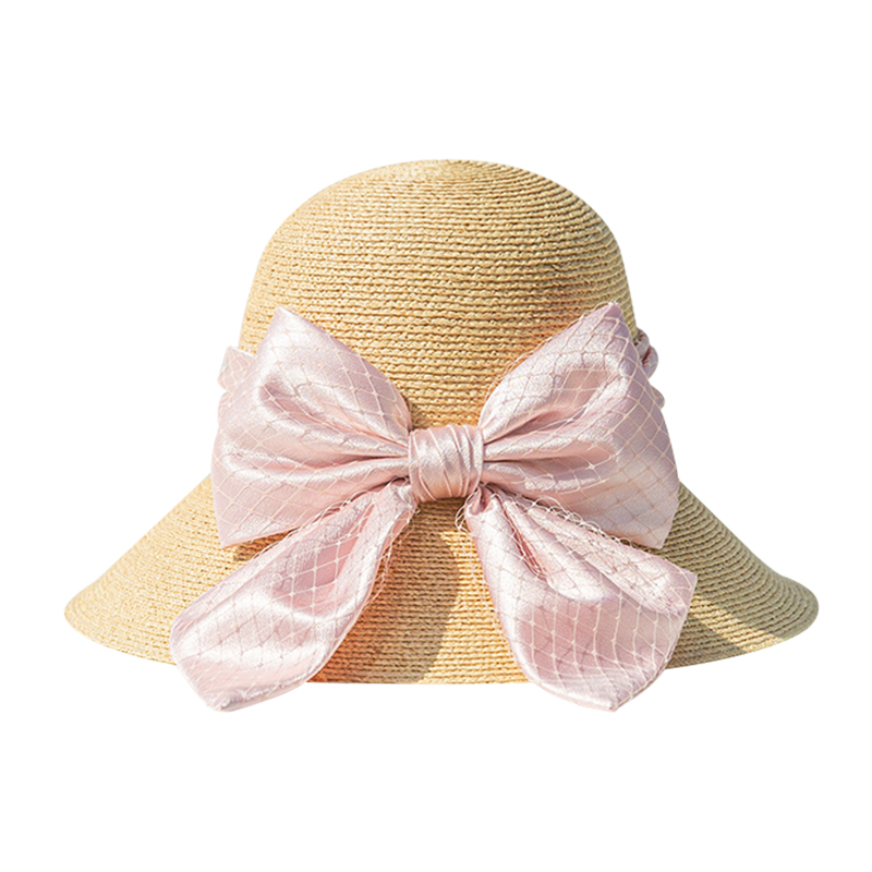 夏季草帽防曬沙灘帽遮陽蕾絲飄帶新款網面裝飾圓頂大(dà)檐帽
